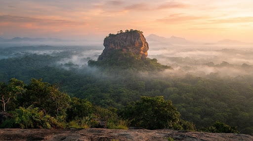 The ancient dramatic monolithic rock fortress of Sigiriya rising out of the mist above lush emerald jungle canopies in Sri Lanka at sunrise, viewed fr