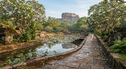 An ancient serene Sri Lankan water garden and lotus pond near Sigiriya, with tranquil historical stone pathways surrounded by sacred frangipani blosso