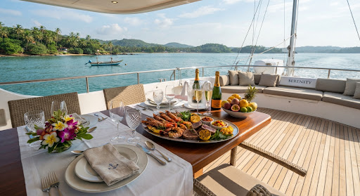 A seafood lunch table overlooking a calm tropical bay in Mirissa