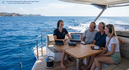Whale watching off the southern coast of Sri Lanka in deep sapphire ocean