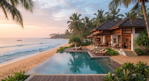 A serene oceanfront luxury Ayurvedic sanctuary villa in southern Sri Lanka surrounded by coconut palms, with calm turquoise ocean waves gently lapping