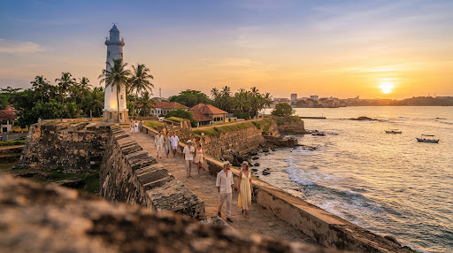 The sun setting golden over the stone ramparts and historic colonial lighthouse of Galle Dutch Fort in Sri Lanka, with affluent travelers walking alon